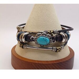 Vintage Bohemian Triple Leather Strands & Faux Turquoise Center Bracelet, Unisex